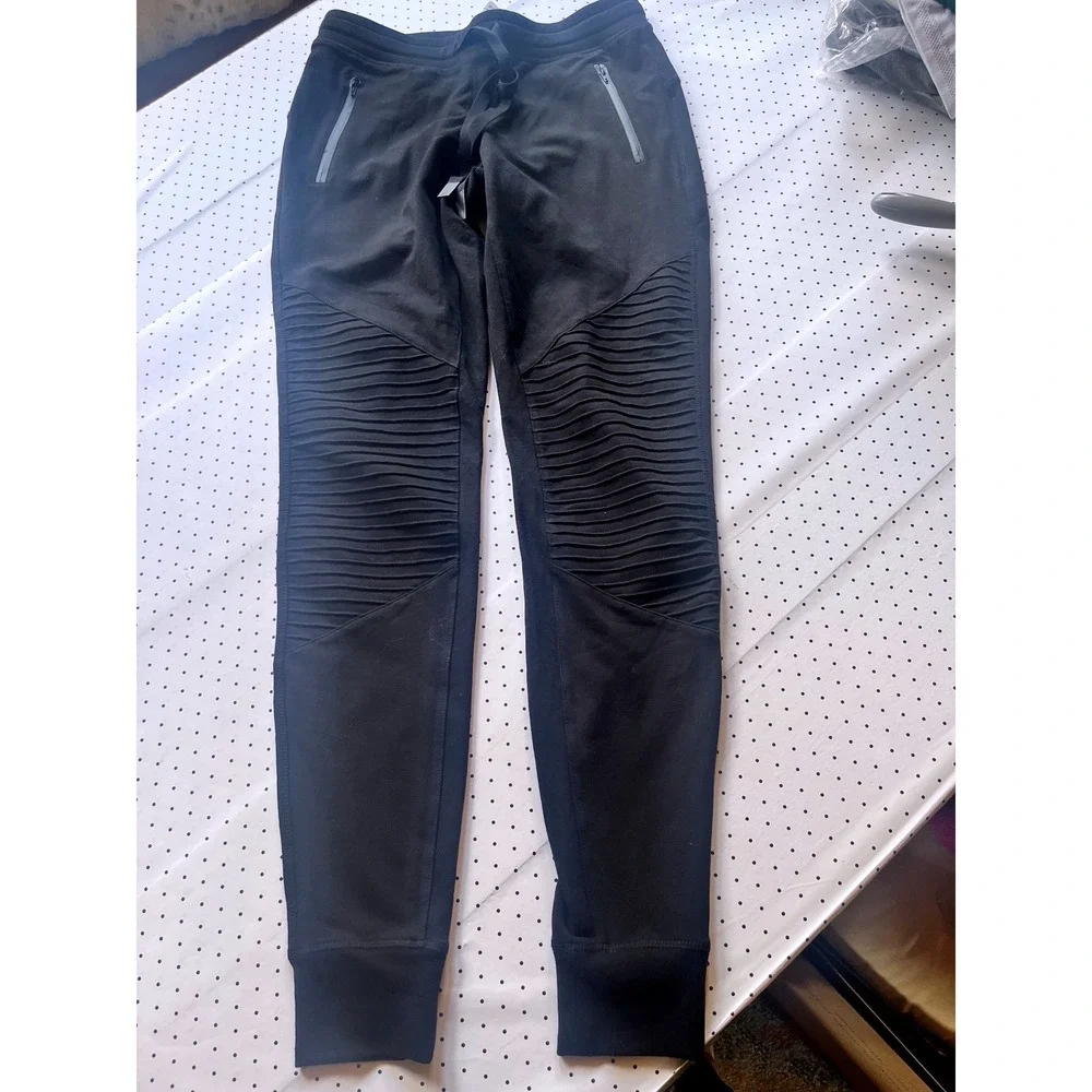 Alo Yoga Moto Leggings Womens XS Black Ribbed Biker Jogger Pants Zip Pockets